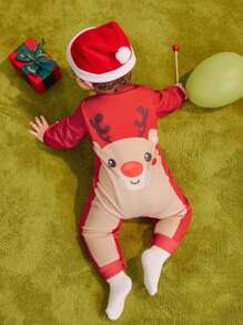 SHEIN 2 pièces/set Combinaison de Noël unisexe pour bébé avec motif mignon de renne et bonnet de Père Noël, tissu doux et douillet pour les fêtes et l'hiver - Rouge - Voir 2