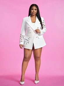 Slaydiva Plus Size Elegant Glamorous Hollow Out Hole Blazer-A In Fall/Winter - White - View 7