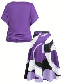 EMERY ROSE 大码女式纯色 V 领蝙蝠袖短袖上衣和几何印花 A 字下摆短裙针织套装，夏季