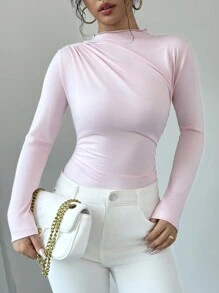 SHEIN Allurite 女士粉色修身长袖日常休闲百搭春夏秋季 T 恤立领收褶 T 恤 - 粉色 - 查看 4