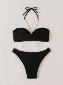 SHEIN Swim Bộ đồ bơi bikini hở lưng bằng vải họa tiết trơn màu cho nữ mùa hè - màu đen - Xem 5