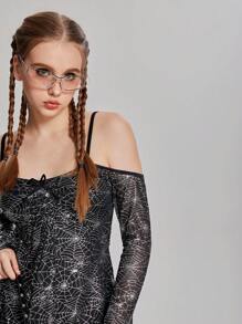 SHEIN 1 pieza Vestido de manga larga ajustado con estampado metálico para niña adolescente, primavera y otoño - Negro - Ver 7