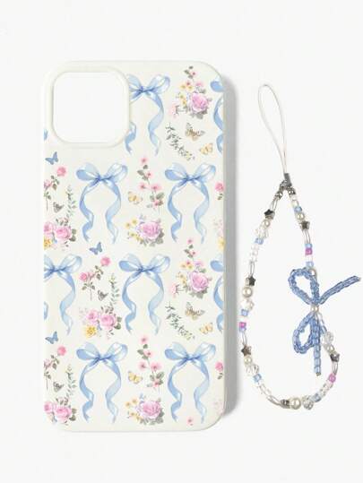 Kawaii 1 pièce Élégant étui de téléphone portable iPhone blanc avec motif floral à nœud bleu