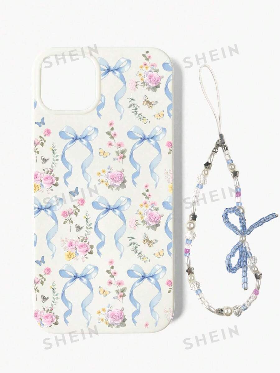ROMWE Kawaii 1 pieza Elegante funda de teléfono celular iPhone de color blanco con patrón floral de lazos azules
