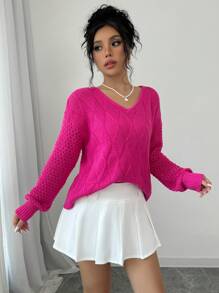 Chiquease 女士休闲纯色落肩宽松菱形针织毛衣 - 玫紅色 - 查看 4