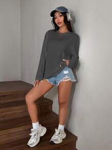 SHEIN EZwear 夏季纯色蝴蝶结装饰短款修身 T 恤 - 灰色 - 查看 6
