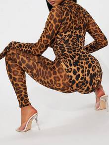 女士豹纹网纱透视高领紧身连体裤，修身显瘦，适合假日派对和春假穿着，优雅时尚。 - 彩色 - 查看 2