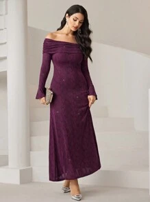 Modelyn Women's Solid Color Off Shoulder Ruffle Elegant Long Sleeve Dress Long Evening Dresses