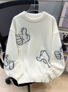 SHEIN Casual Loose Comfortable Versatile Warm Cute Fingerprint Pattern Crewneck Sweater For Teen Boys, Suitable For Autumn, Winter, Home And Outings - White - View 1