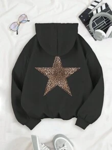 INAWLY 加大码长袖五角星印花极简主义卫衣，冬季款 - 黑色 - 查看 3