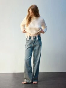 SHEIN Maija 女士休闲立领流苏下摆麻花针织毛衣秋冬季 - 白色 - 查看 6