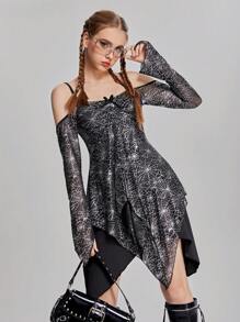 SHEIN 1 pieza Vestido de manga larga ajustado con estampado metálico para niña adolescente, primavera y otoño - Negro - Ver 5