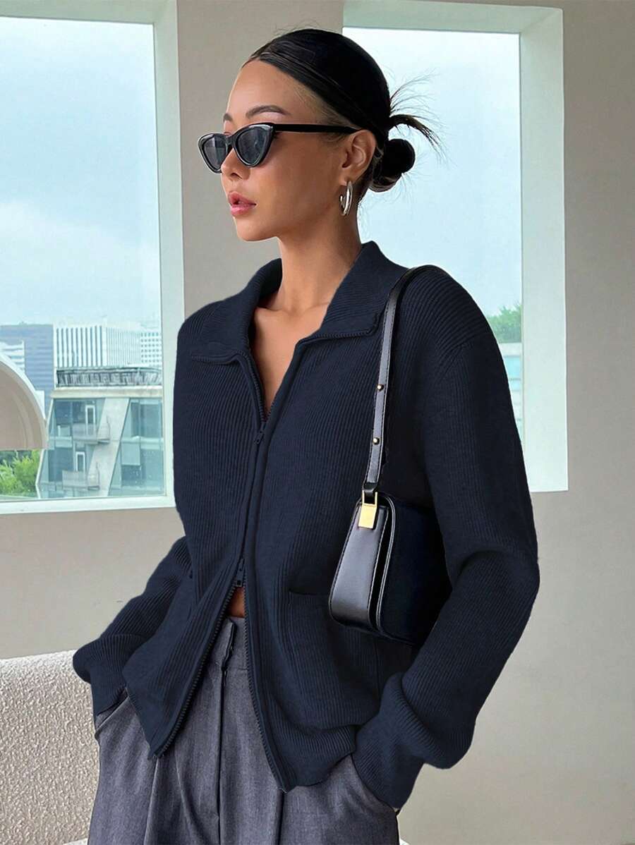 DAZY Women Plain Zip-Up Long Sleeve Casual Blouse,Fall Clothes Jacket - Navy Blue - View 1