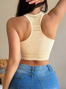 女士无缝条纹运动文胸上衣 - 杏色 - 查看 2
