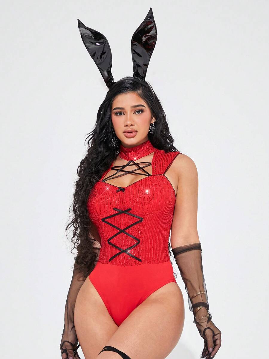 SHEIN SXY Women's Sexy Sequined Splice Hollow-Out Bodysuit - Red - View 1