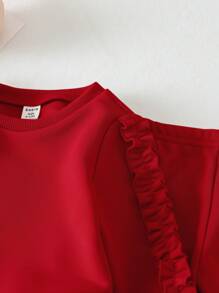 SHEIN 2pcs Baby Girl Solid Color Ruffle Trim Long Sleeve Sweatshirt And Pants Set, Fall/Winter - Red - View 3