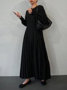 FRIFUL Women's Solid Color Pleated Hem Dress,Fall Clothes Long Sleeve Dress - Black - View 1
