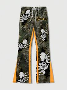 ROMWE MEN Street Life Pantalones de chándal acampanados con contraste de color, parche de rama de árbol y camuflaje, estilo callejero retro para hombre