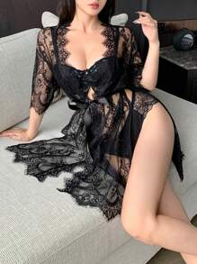 DAZY Solid Color Lace See-Through High Slit Sexy Waist Belt Nightgown