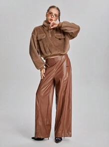 SHEIN 青少年女孩休闲落肩宽松翻领细节半拉链短款毛绒运动衫 - 棕色 - 查看 6