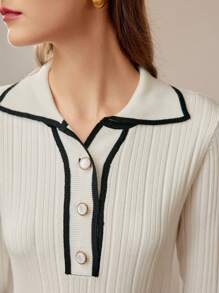 MOTF PREMIUM CONTRAST PIPING BELL SLEEVE HALF BUTTON PLACKET SWEATER DRESS WITHOUT BELT - Beige - View 5