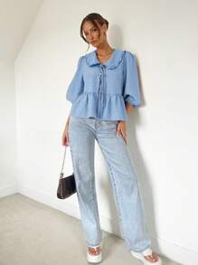 SHEIN Essnce Plus Size Women Plaid Ruffle Collar Button Front Blouse With Bow - Blue - View 5