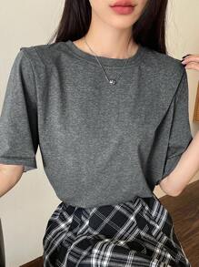 DAZY 女士纯色圆领短袖休闲 T 恤，夏季 - 深灰色 - 查看 1