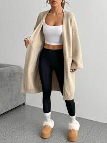 Flirla Cárdigan casual suelto de manga larga con hombros caídos y bolsillos de unicolor para mujer, otoño e invierno