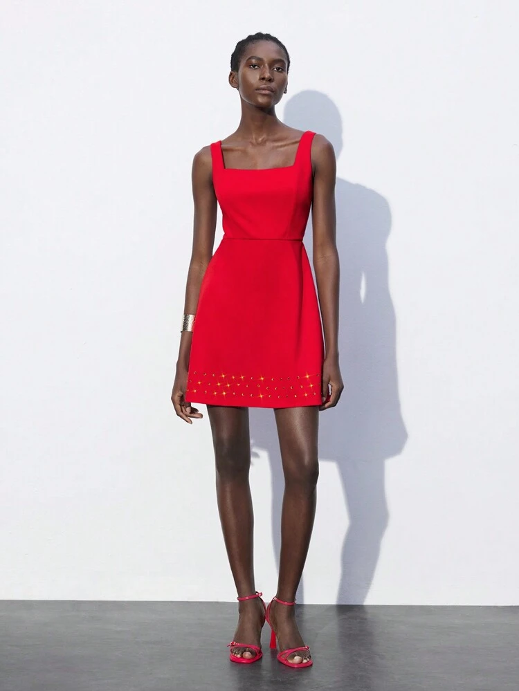 SHEIN Maija Elegantes Damenkleid in Rot mit Juwelen-Dekor, quadratischer Ausschnitt, ärmellos, modisch & chic, geeignet für Valentinstag