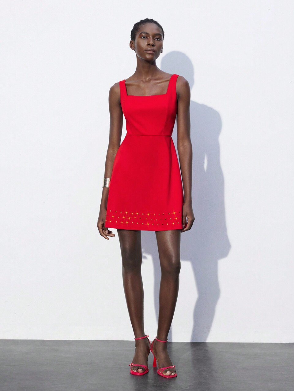SHEIN Maija Women's Red Elegant Jewel Decor Solid Color Square Neck Sleeveless Dress, Fashionable & Chic, Suitable For Valentine's Day