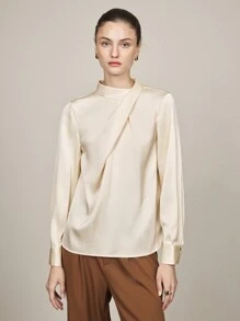 BizChic Women's Elegant Asymmetrical Design Collar Long Sleeve Blouse, Office Commute Wear - Apricot - View 4