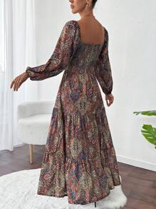 RueChic All Over Printed Texture Fabric, Boho Style, Balloon Sleeve Maxi Dress - Multicolor - View 2