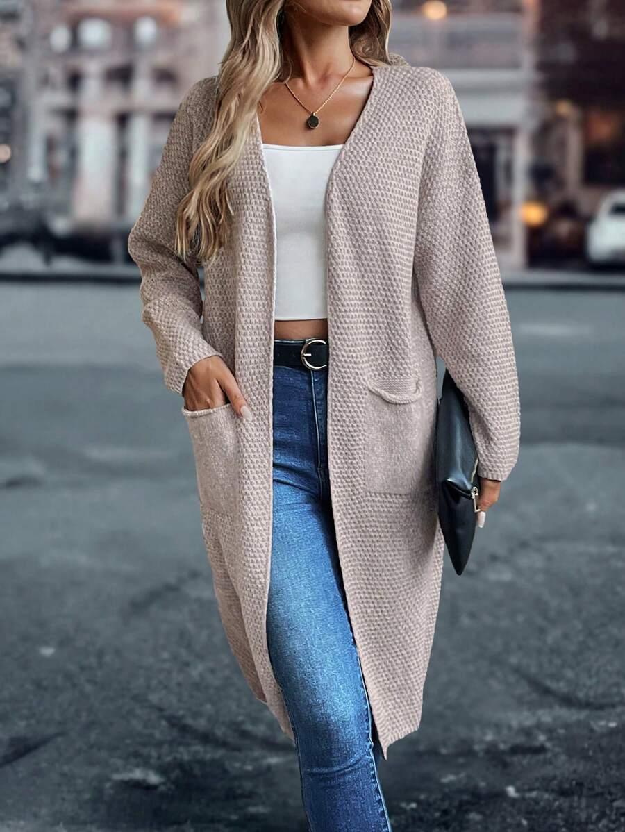 SHEIN LUNE Women's Solid Color Minimalist Long Cardigan Cozy Sweater - Apricot - View 1