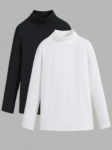 SHEIN 2pcs Tween Boy Casual Basic Ribbed Crew Neck T-Shirts, Autumn/Winter
