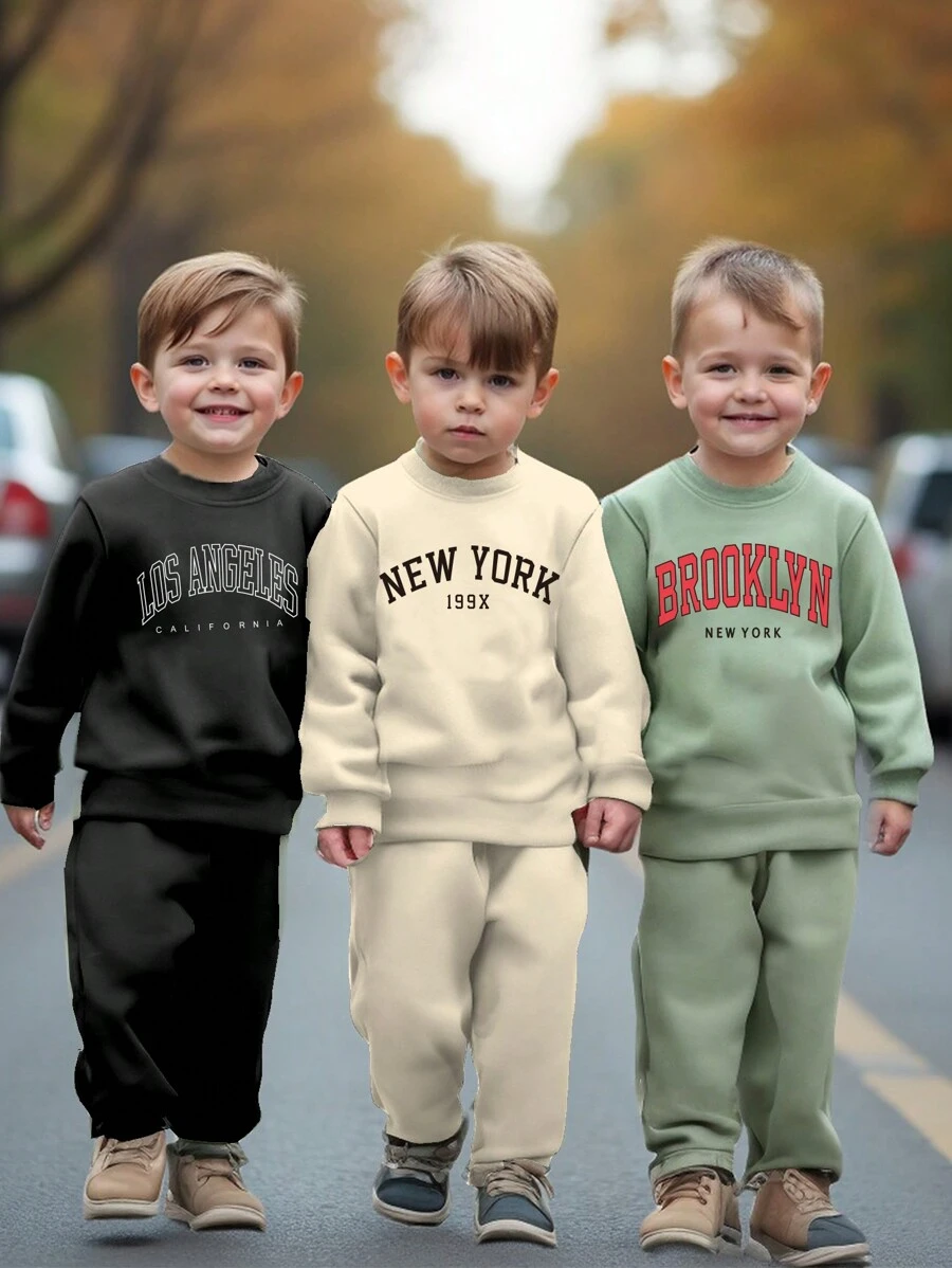 2pcs Baby Boy Casual Fashion Simple Creative Letter Slogan Print Pullover Sweatshirt And Jogger Pants Set, Fall Clothes - Multicolor - View 1
