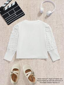 Marilyn Monroe X SHEIN Young Girl Glitter Heart Print Mock Neck Puff Sleeve Fitted White T-Shirt, Elegant Fashion Style