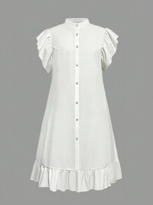 Plus Size Women Ruffle Trim Button Decor Pocket Casual Dress White Summer Elegant - White - View 3