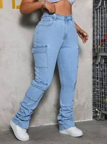 SHEIN CURVE+ Plus Size Women's Cargo Pocket Skinny Stretch Denim Fashion Jeans