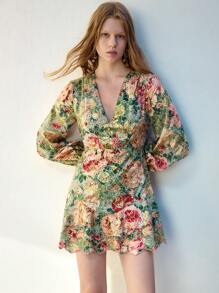 Maija V-Neck Floral Print Elegant Long Sleeve Spring/Summer Casual Mini Dress, Suitable For Vacation & Beach