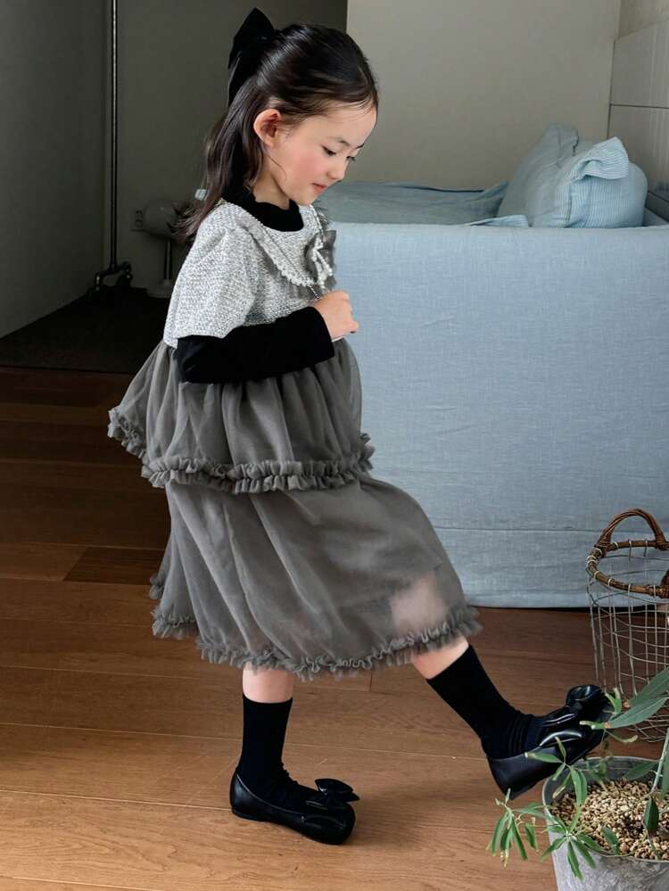 Young Girl Bowknot Decor Long Sleeve Mesh Hem 2 In 1 Cute Dress, Spring Autumn