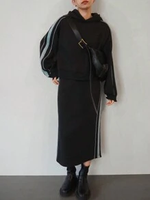 FRIFUL 2 Stück Damen Lässig Gestreifter Langarm Hoodie und Weite Hose Set, Herbst/Winter Trainingsanzug Damen Set