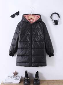 SHEIN Áo khoác dài lót nhiệt ấm áp có mũ trùm đầu giản dị tối giản cho bé gái tuổi mới lớn - màu đen - Xem 4