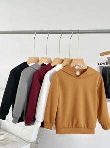 SHEIN 5 件装男童休闲纯色连帽衫，舒适百搭，适合日常穿着、上学、运动、度假 - 非常适合春季、秋季和冬季 - 紅色 - 查看 1