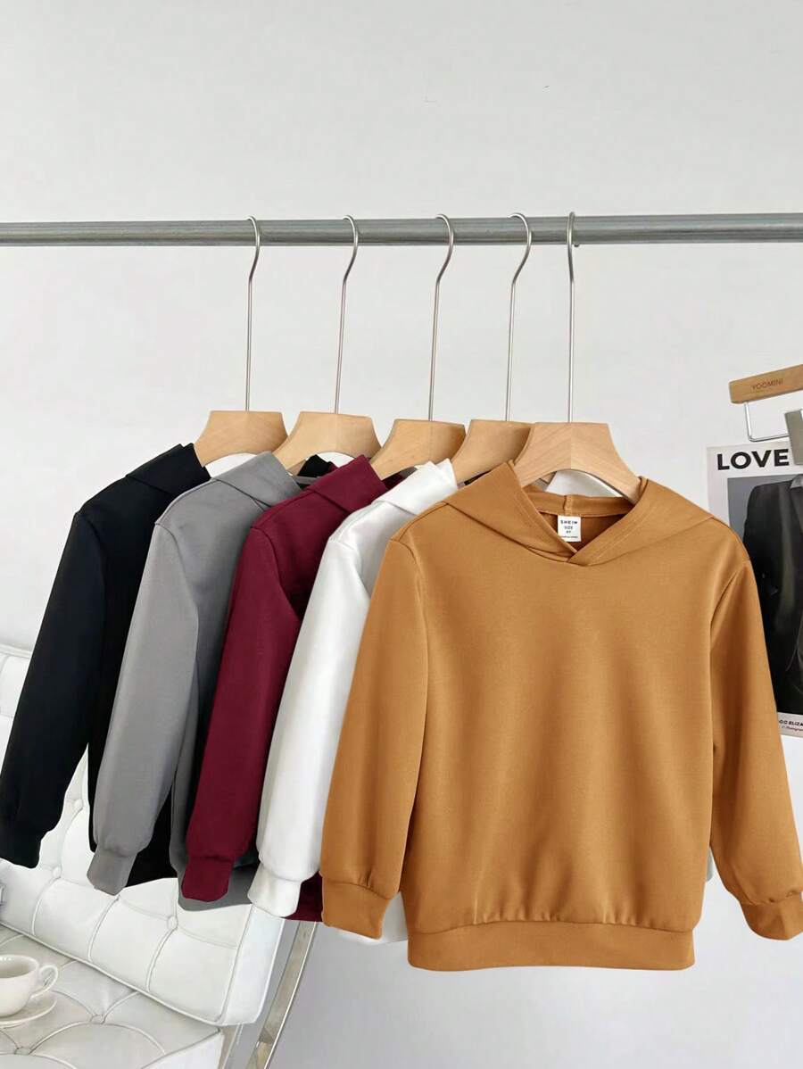 SHEIN 5 件装男童休闲纯色连帽衫，舒适百搭，适合日常穿着、上学、运动、度假 - 非常适合春季、秋季和冬季 - 紅色 - 查看 1