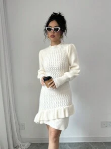 Elenzga 女士纯色泡泡袖荷叶边下摆针织毛衣裙，节日气氛