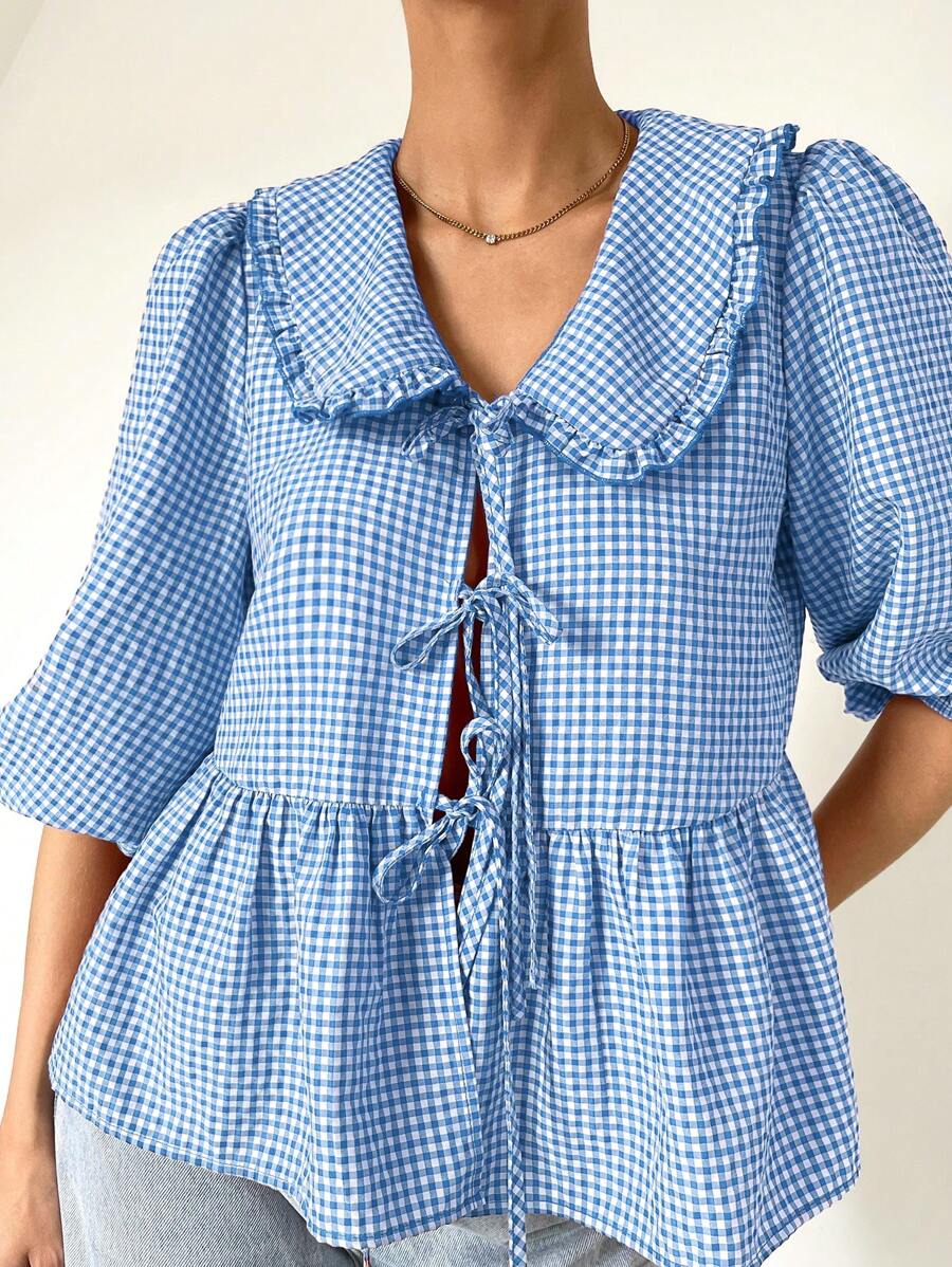 SHEIN Essnce Plus Size Women Plaid Ruffle Collar Button Front Blouse With Bow - Blue - View 1
