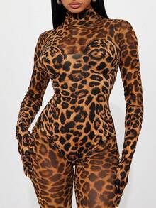 女士豹纹网纱透视高领紧身连体裤，修身显瘦，适合假日派对和春假穿着，优雅时尚。 - 彩色 - 查看 5