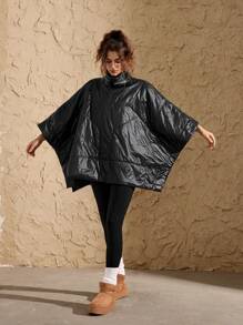 VARSIVA 高领拉链蝙蝠袖黑色亮面宽松休闲女士运动加厚外套雨披女式防渗透雨披 - 黑色 - 查看 4
