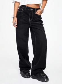 ROMWE Grunge Punk Women's Halloween Cross & Vine Wing Print Wide Leg Boy Friend Jeans