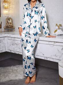 LuxeNights Faux Silk Butterfly Print Lapel Collar Long Sleeve Pajama Set Bridal-Lingerie, Fall Winter Clothes Cozy And Elegant Details - White - View 6